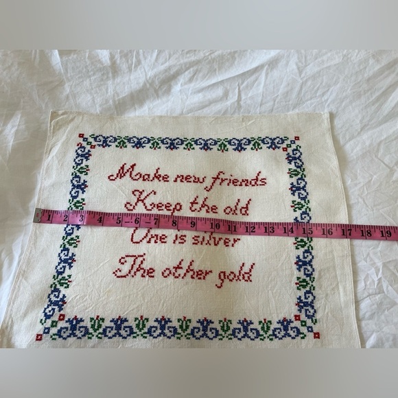 Vintage Finished Cross Stitch Sampler On Linen | Friends Gold Silver - Picture 4 of 5